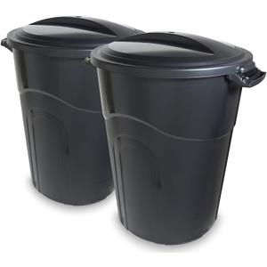 United Solutions 32 Gallon Outdoor Waste Garbage Bin, Easy to Carry Pass-Through Handles & Attachable Click Lock Lid, Black