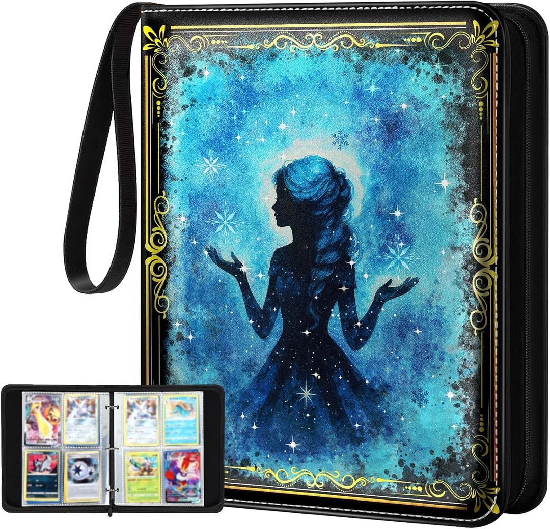 for 4 Pocket Card Binder for 400 Cards - Large Capacity Trading Card Collection Album Folder with Zipper for Men Boys Teens Girls Kids Cute Blue Princess Design for Sports Cards Game Cards