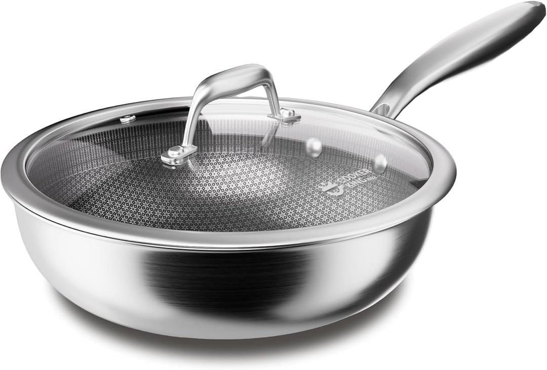 COOKER KING 12-Inch Hybrid Stainless Steel Wok with Lid, Nonstick Stir Fry Pan & Deep Frying Pan, Tri-Ply Clad Honeycomb Everyday Pan, Induction Ready, Oven & Dishwasher Safe, PFOA Free