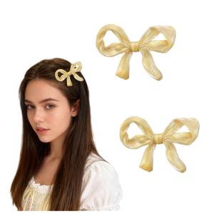 2Pcs Cute Glossy Yellow Bow Hair Clips for Women，Elegant Ajustible Sheer Ribbon Barrette，Non Slip 3D Organza Bowknot Alligator Clips for Girls School Party Wedding Prom Daily Outfit Festival Gifts