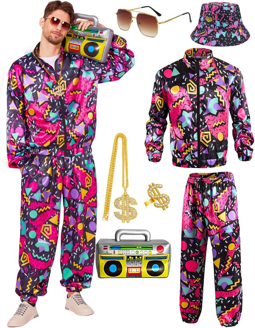 80s Outfit for Men Neon Baggy Tracksuit Set 90s Vintage Couples Costumes for Adults Women Retro Hip Hop Windbreaker 8PC (Medium, Black)