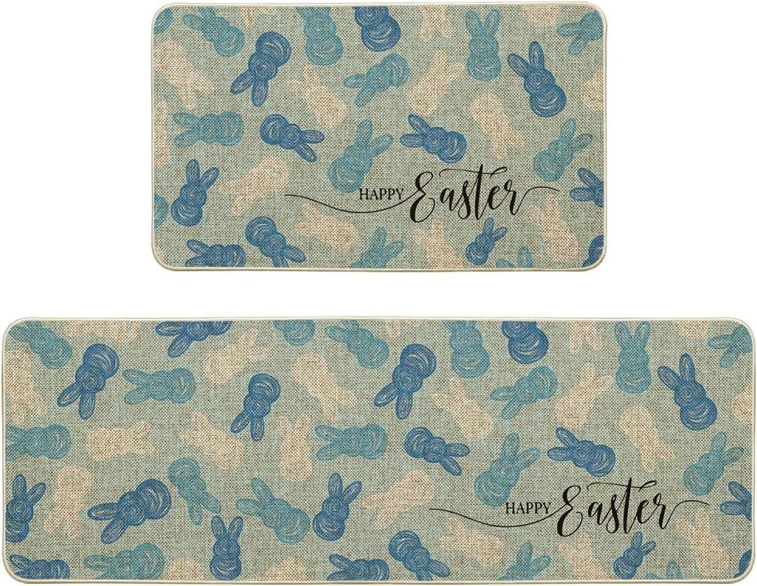 Artoid Mode Blue Rabbits Bunny Happy Easter Kitchen Mats Set of 2, Home Seasonal Spring Easter Holiday Holiday Party Floor Mat - 17x29 and 17x47 Inch