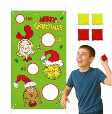 Funny Christmas Toss Game Banner with 4 Bean Bags, Christmas Game for Kids Adults Indoor Outdoor Activities, Holiday Birthday Party Game Supply for Boys Girls Teens, Xmas Classroom Wall Decor