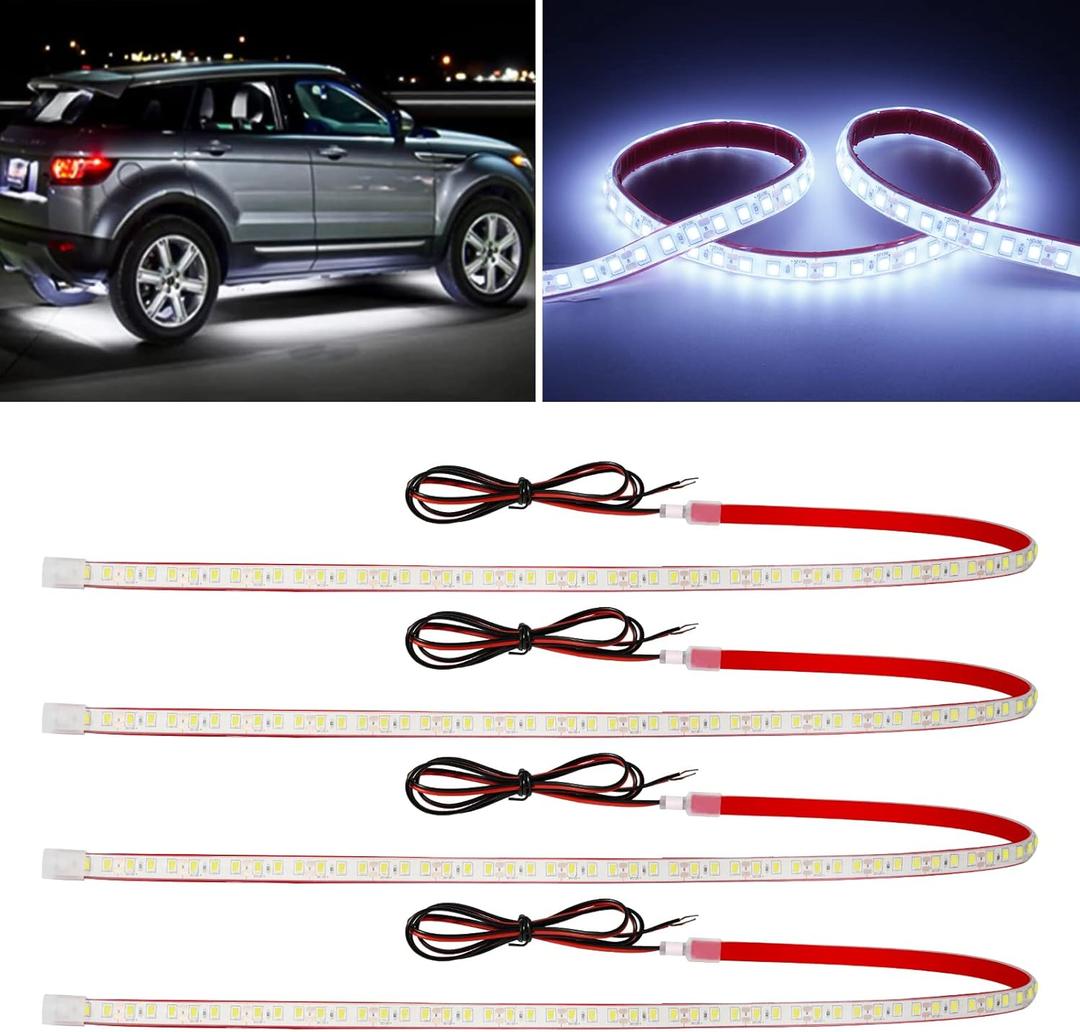 12V Car LED Strip Light,24inch Car Interior Light Strip IP68 Waterproof Cuttable for Car Motorcycles Boat Golf Cart Truck Cargo Home Decoration with Strong Nano Tape,(4PCS) (White)