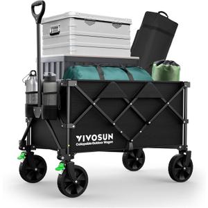 VIVOSUN Collapsible Folding Wagon, 350 lb Load-Bearing Outdoor Utility Cart with Silent Universal Wheels, Cup Holders &Side Pockets, Adjustable Handle, for Camping, Garden, Sports, Picnic, Shopping (Black)