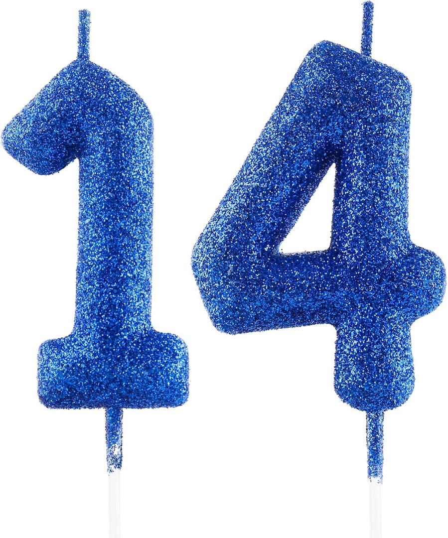 FUNCANDLE 2.36inch Glitter Royal Blue Birthday Candles, Number 14 Candle, Happy 14th Birthday Candles fors Cake Topper Girls Boy Party Celebration Anniversary Decoration