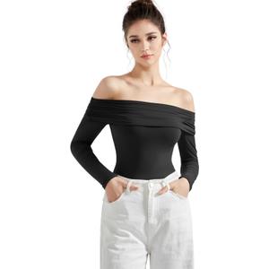 SUUKSESS Women Off the Shoulder Bodysuit Short Sleeve Strapless Thong Body suit (Small, 01 Black)