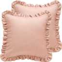 ISAENNE 2 Pcs Classic Pink Square Throw Pillow Cover 18"x18", Solid Color Cottage Linen Cotton Decor Pillow Cover with Ruffles, Sturdy Throw Pillow Case for Couch Sofa Bed Living Room