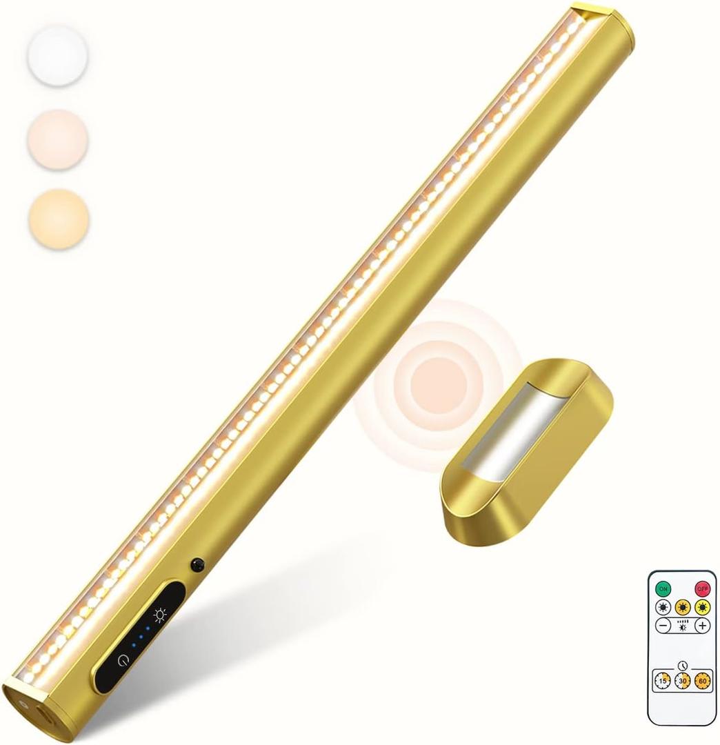 Rechargeable Magnetic LED Light Bar with Remote, Under Cabinet Lighting Wireless, Battery Powered Operated Wall Strip Lights, Dimmable Desk Lamp for Picture Mirror Closet Room Gold