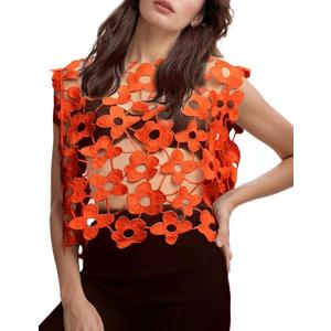 Wyeysyt Crochet Tops for Women Floral Lace Vest Hollow Out Sleeveless Summer Cropped Going Out Top, Small, Orange