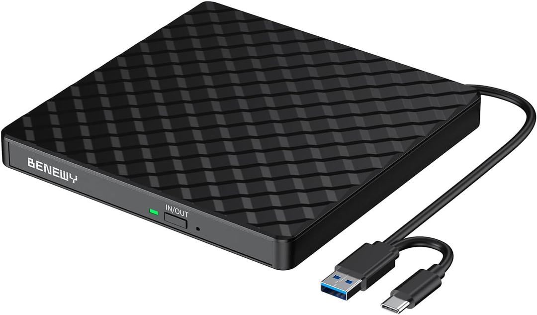 BENEWY External CD DVD Drive for Laptop, USB 3.0 USB C CD Burner DVD/CD ROM Drive Reader External DVD Drive DVD Player for Laptop Desktop PC Windows 11/10/8.1/7 MacBook Mac Linux OS Apple Black