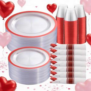 I00000 210 Pcs Red Plates Set,Clear and Red Plastic Plate Include 60 Plates,30 Cups,30 Rolled Napkins with Plastic Cutlery for Wedding & Valentine's Day