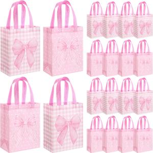 Wovnet 30 Pcs Pink Bow Gift Bags Reusable Non Woven Party Favor Bag Coquette Bow Goodie Treat Bags with Handle for Girls Wedding Bridal Shower Tea Party Birthday 10 x 8 x 4in