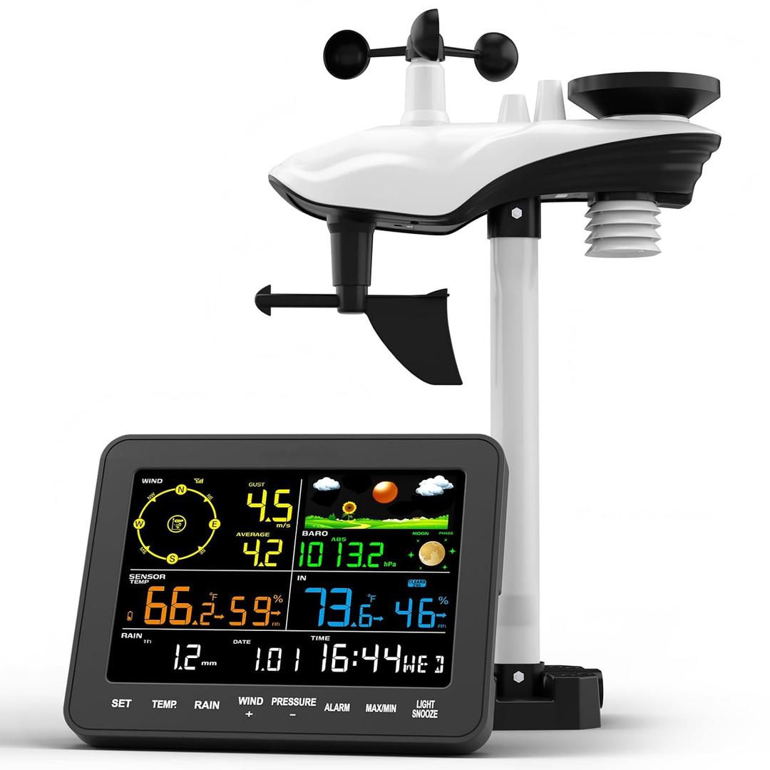 12-in-1 Wireless Weather Station for Outdoor Farm Garden, Indoor Outdoor with Rain Gauge, Wind Speed, Forecast, Temp, Humidity, Pressure, Moon Phase, Alarm, 100m Range(No WiFi)