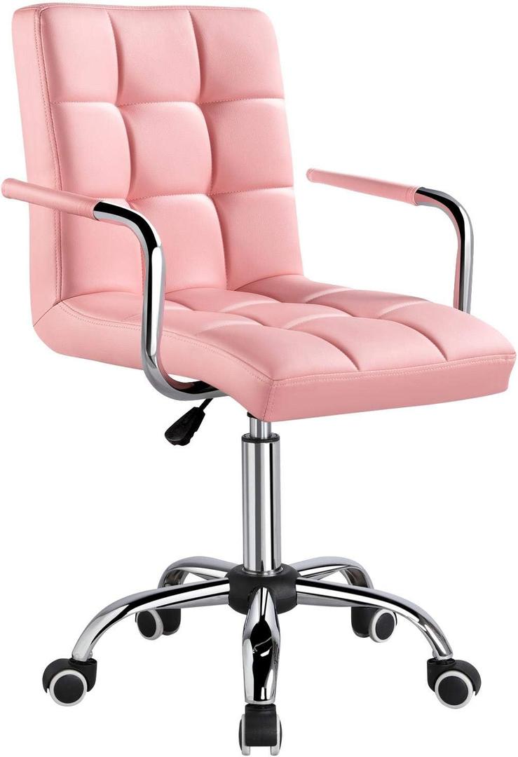 Yaheetech Modern PU Leather Desk Office Chairs with Wheels/Armrests Height Adjustable Home Computer Executive Chair on Wheels 360 Swivel, Pink