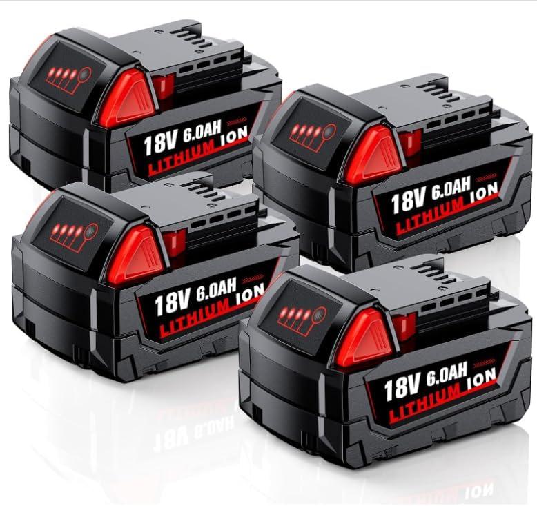 Replacement for Milwaukee M18 Battery, 6000mAh 18V Lithium High-Capacity Batteries Compatible with M18 Cordless Power Tools and Charger 48-11-1850 48-11-1860 48-11-1828 48-11-1815 48-11-1822 (4PACK)