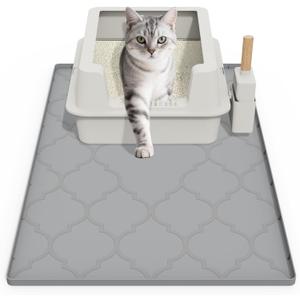 Cat Mat for Litter Box, 34" X 22" Large Silicone Cat Litter Trapping Mat, Easy Clean for Scatter Control, Soft on Kitty Paws, Waterproof, Urine-Proof, Non-Slip Kitty Litter Mat for Floor, Gray