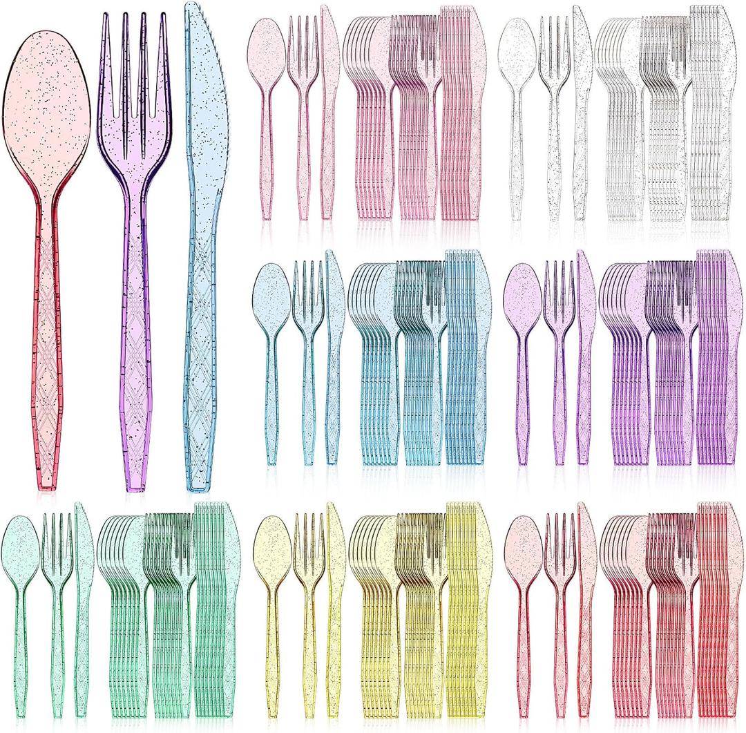 Zhehao 405 Pcs Hard Plastic Utensils Plastic Silverware Set Cutlery Set Disposable Flatware Dinnerware Forks 135 Spoons and Knives Birthday Wedding Party Dinner(Glitter,Rainbow Colors)