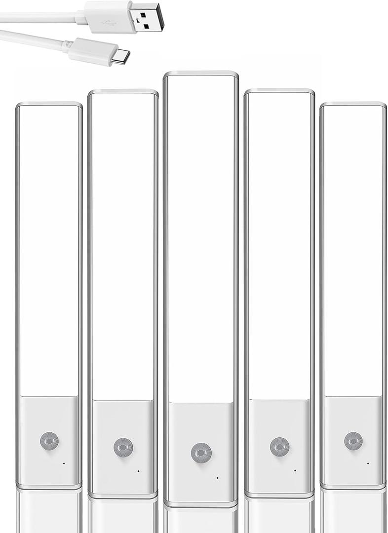 Under Cabinet Lights ，LED Motion Sensor Light Indoor, Wireless USB Rechargeable Magnetic Closet Lights, 5 Pack Under Counter Lights for Kitchen, Cabinet, Wardrobe, Stairs(White Light, 5Packs-8inch)