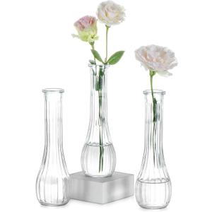 NUPTIO Glass Bud Vases Centerpiece: 3 Pcs Small Flower Vase for Wedding in Bulk - Cute Clear Ribbed Vase for Party Events Home Table Decor