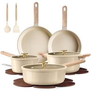 CAROTE Pots and Pans Set, Ceramic Cookware Set, 14pcs | Healthy Induction Kitchen Set, with Silicone Lids, Easy Clean, Even Heating, Space Saving, PFAS FREE