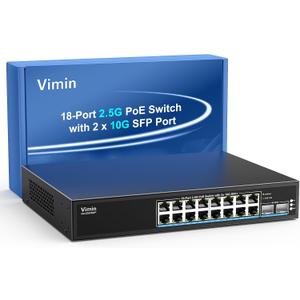 16 Port 2.5G PoE Switch Unmanaged with 2X 10Gbps SFP, VIMIN 16x 2.5G Base-T PoE Ports, 10G SFP PoE Switch w/ 120Gbps Ethernet Switching Capacity, IEEE802.3af/at, 250W, VLAN, Metal Housing, Fanless