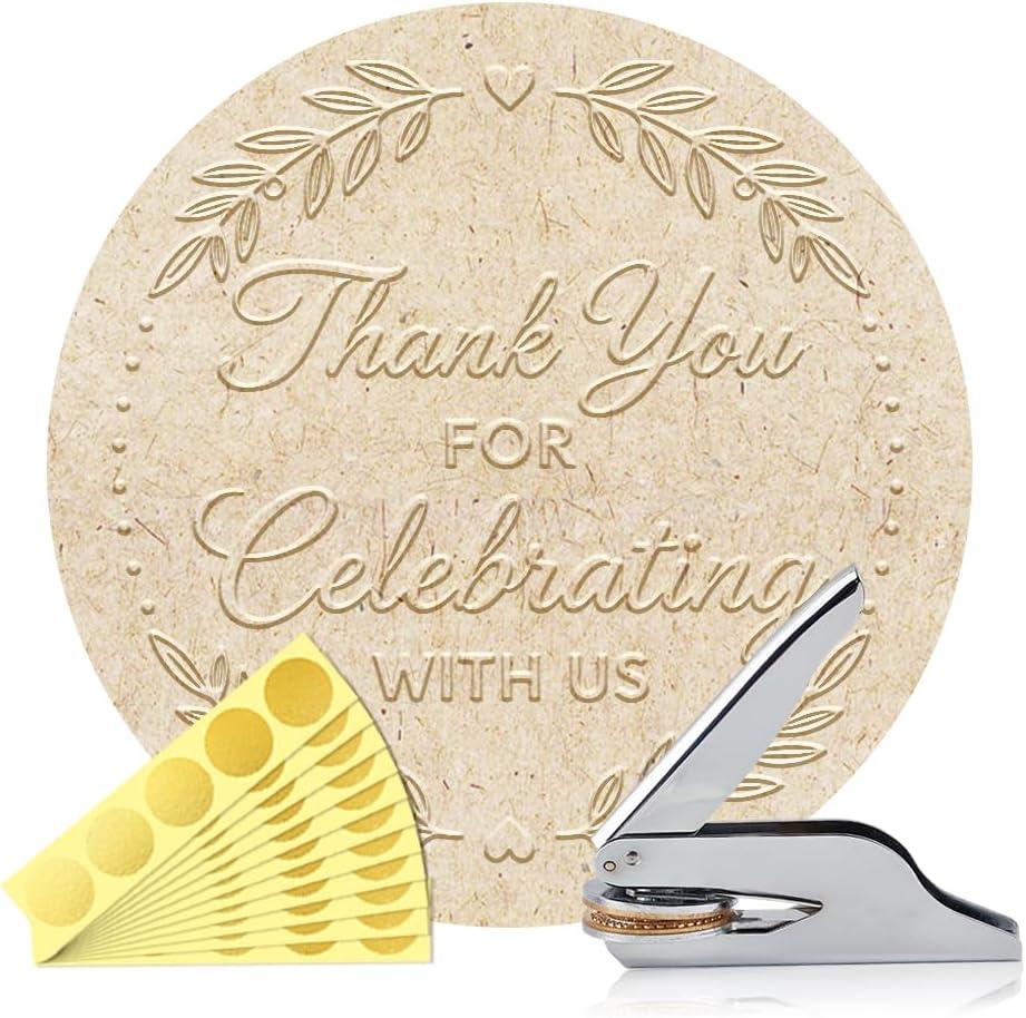 ANATTASOUL Letter Book Embosser Personalized Thank You for Celebrating with Us Pattern Book Stamp, Durable Library Stamp with Handle Set for Books, Envelopes, Documents, Invitation100Pcs Stickers