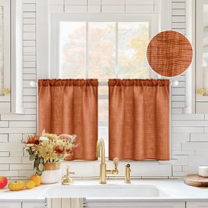 MIULEE Fall Cafe Curtains 24 Inch Length Half Window Curtain Farmhouse Short Linen Semi Sheer Curtains for Kitchen Bathroom Basement Small Window, Rod Pocket Tier Curtains 2 Panels, Burnt Orange