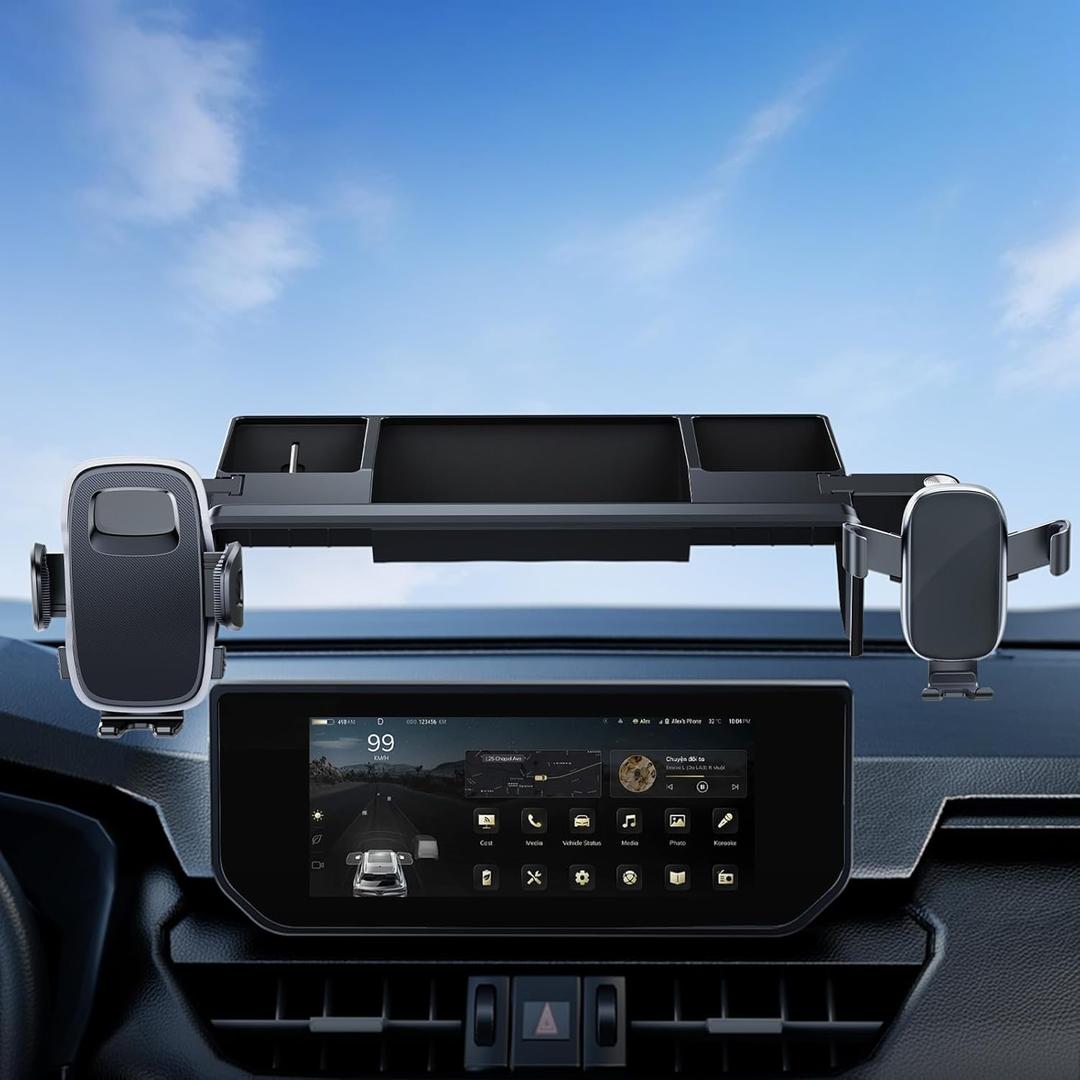 ELOHEI Car Phone Holder for Toyota RAV4 2023 2024 2025 Accessories, 12.3 Inch Screen Fixed Storage Tray with 2 Pcs 360 Rotation Smart Phone Mount Kit(12.3 inch Screens only)
