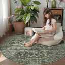 5ft Green Round Washable Area Rug for Living Room Vintage Boho Non Slip Circle 5x5 Rug Distressed Floral Carpet Indoor Retro Soft Low Pile Farmhouse Throw Rug for Bedroom Nursery Office