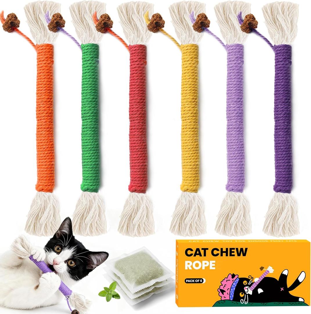 Kitten Toys, Cat Chew Toy for Teeth Cleaning, Catnip Rope Toys for Indoor Kittens, Interactive Cat Nip Teething Toys for Cats, Kitty Kicker Toy, 6 Pack (Plus 3 Pouches of Catnip)