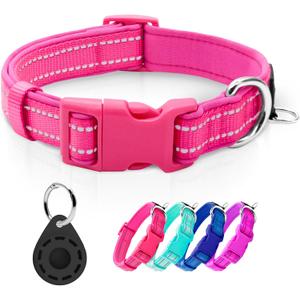 azuza Reflective Dog Collar with Airtag Holder, Soft Neoprene Padded Pet Collar with ID Tag Ring, Adjustable for Small Dogs, Hot Pink, S