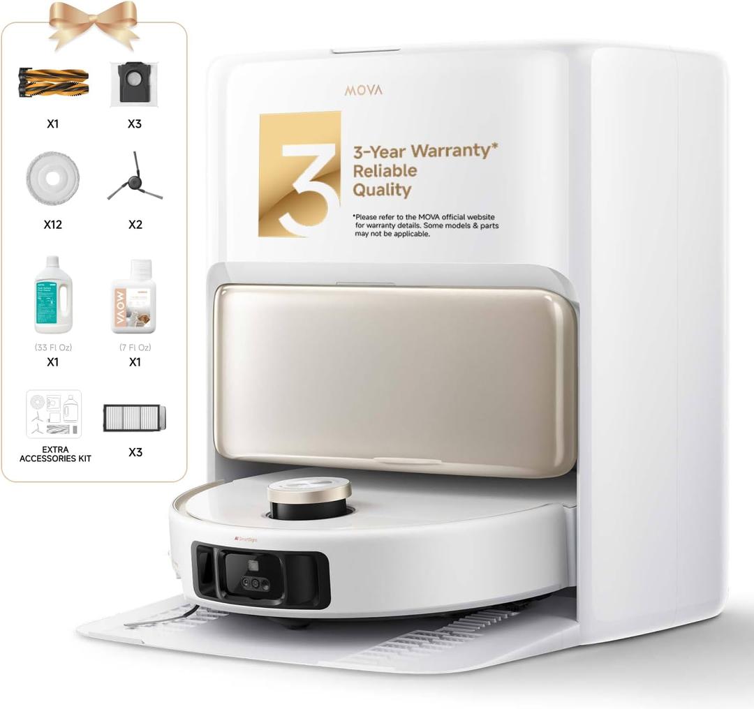 Mova V50 Ultra Complete Robot Vacuum and Mop Self-Cleaning, 24,000 Pa Suction, Liftable Navigation with Obstacle Overcoming and Warm Water Mopping with DuoSolution System Designed for Pets (White)