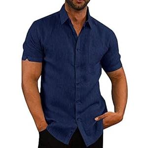 Pengfei Mens Short Sleeve Shirts Linen Cotton Button Down Tees Spread Collar Plain Shirts Navy  (Medium)