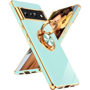 LeYi for Google Pixel 6 Pro Phone Case: 360 Rotatable Ring Holder Magnetic Kickstand, Plating Rose Gold Edge Protective for Google Pixel 6 Pro Case, Mint