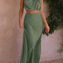 PRETTYGARDEN Women's 2 Piece Satin Outfits Summer Sleeveless Mock Neck Crop Tops and Long Skirt Dress Sets (Green, S)