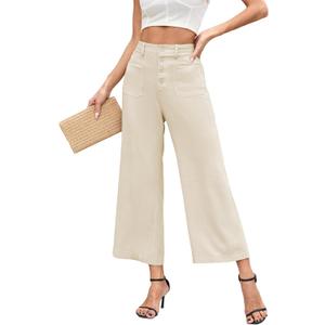 Famulily Womens Linen Pants for Summer Button Down Wide Leg Cropped Pants Casual Capri Pants with Pockets size L
