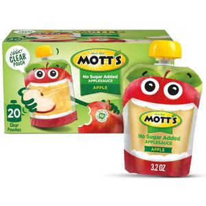 Mott's No Sugar Added Applesauce, Made from Real Fruit, No Artificial Flavors, 3.2 Oz Clear Pouches, 20 Pack, BB Date Aug 21 2026