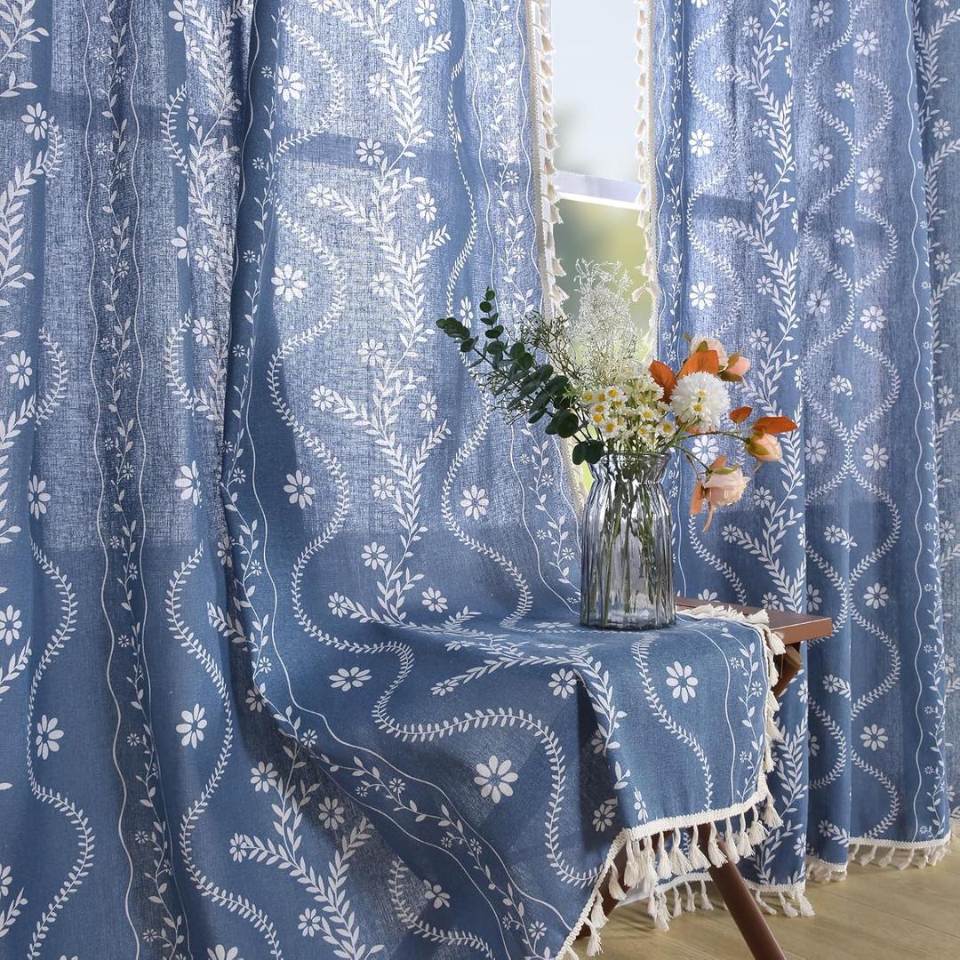 Linen Sheer Curtains 63 Inch Length, Blue Boho Farmhouse Floral Curtains 2 Panels, Vintage Printed Curtain Light Filtering Cottage Core Western Rustic Curtain Drapes (Denim)