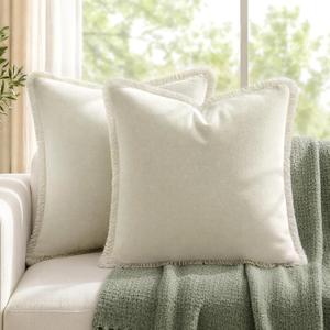 HOMEIDEAS Ivory Cream Velvet Throw Pillow Covers 24x24 Set of 2 | Short Fringe Four Side Fringe,Plush Velvet Feel Neutral Boho Decor,Sofa Couch Bed Bedroom,Modern Farmhouse Boho Decor