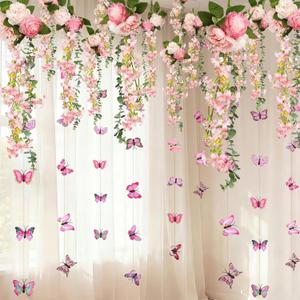 Giegxin 5 Pcs Wisteria Hanging Garland Artificial Flowers Vine Decor for Backdrop Ceiling Fairy Party Decoration 4.92ft Vine Greenery Peony Butterfly Decor Floating Floral Backdrop for Wedding Party