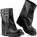 AlureAbys Women's Mid Calf Boots Fold Over Buckle Moto Biker Boots for Women Platform Chunky Low Heel Round Toe Boots Wide Calf Cowboy Riding Motorcycle Boot, Size 37, Right