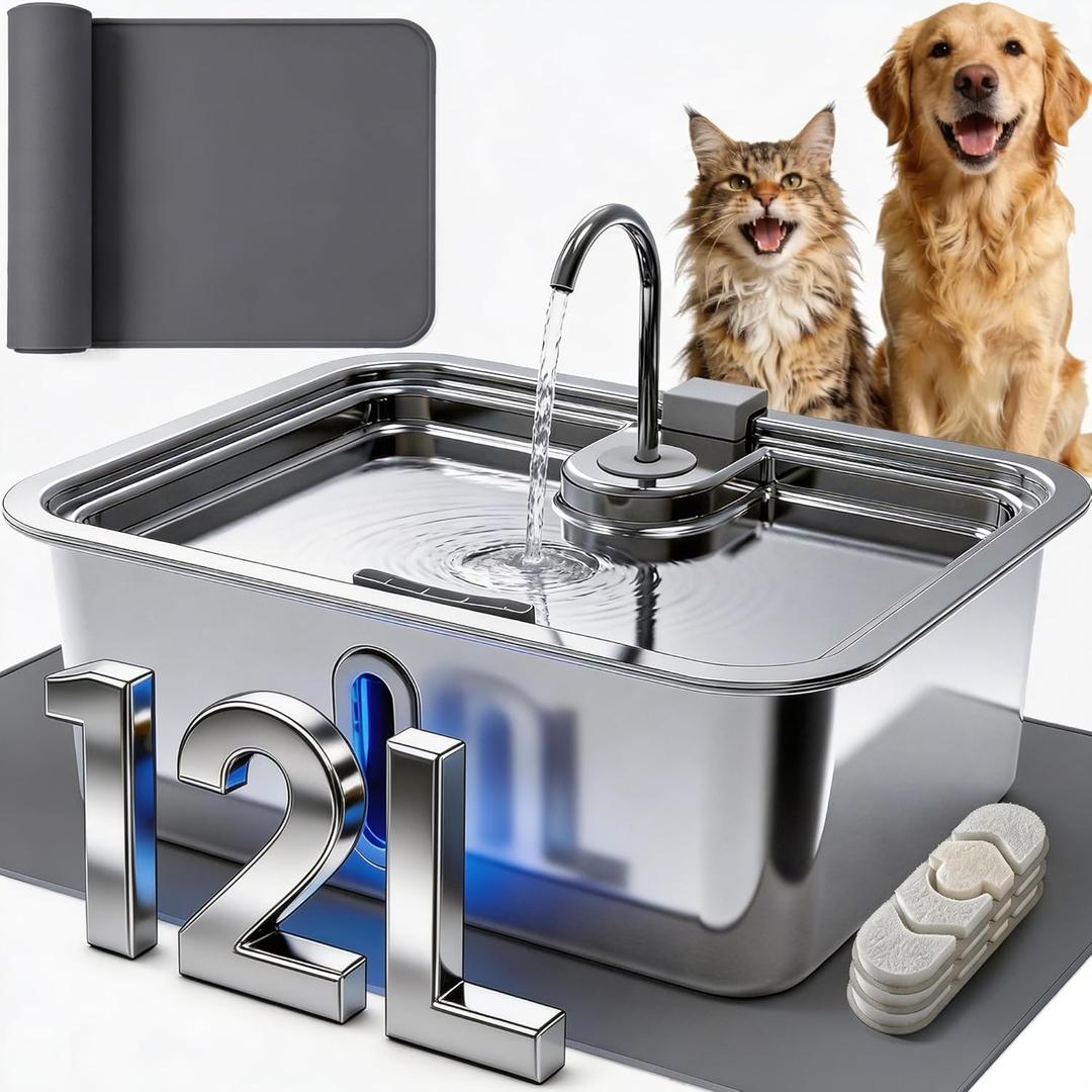12L/3.17Gal Dog Water Fountain with Silicone Mat & 3 Filters, Stainless Steel Multi Pet Water Dispenser, Quiet Automatic Dog Water Bowl Dispenser with Visible Window & Alert Light for Large Dogs Cats