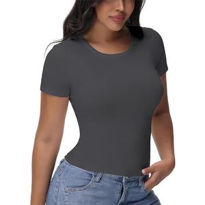 EasyFair Women's T Shirts Basic Short Sleeve Crew Neck Slim Fit Tees Summer Workout Casual Bodycon Tops 2025 Grey, M
