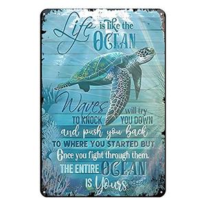 Aenaon Sea Turtle Life is Like The Ocean Tin Sign Wall Art Canvas Print Funny Vintage Retro Paintings Home Bedroom Bathroom Decor Picture Vertical 8x12 inches