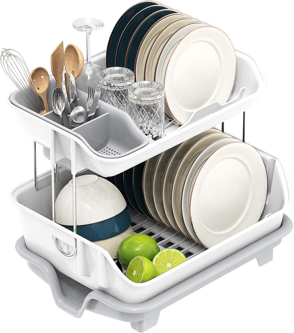 Akalin Dish Drying Rack-2 Tier,Double Layer Dish Racks for Kitchen Counter,Anti-Rust Dishes Drying Rack,Gray and White Color Dish Drainers,Multifunctional Kitchen Organizers and Storage Sink Rack
