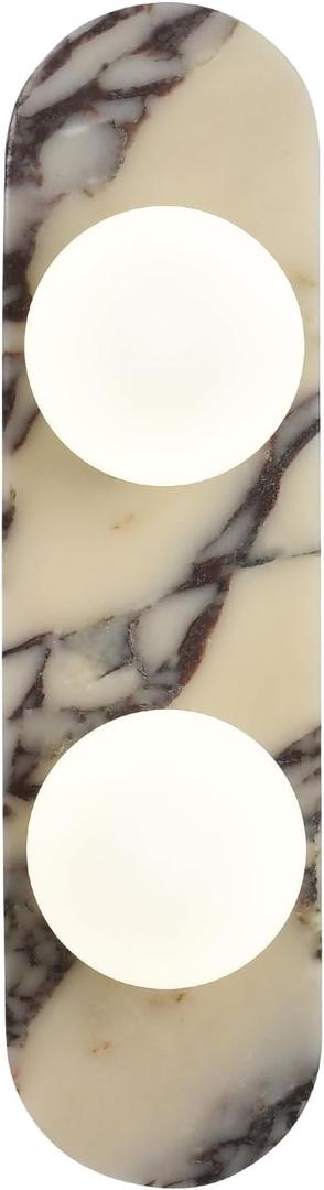 Natural Marble Wall Sconces 2-Light, Bulb Included, Alabaster Calacatta Viola Stone Modern Hardwired Wall Light Fixture with Milk Glass for Bathroom Vanity Bedroom Hallways Stairs, 1 Pack