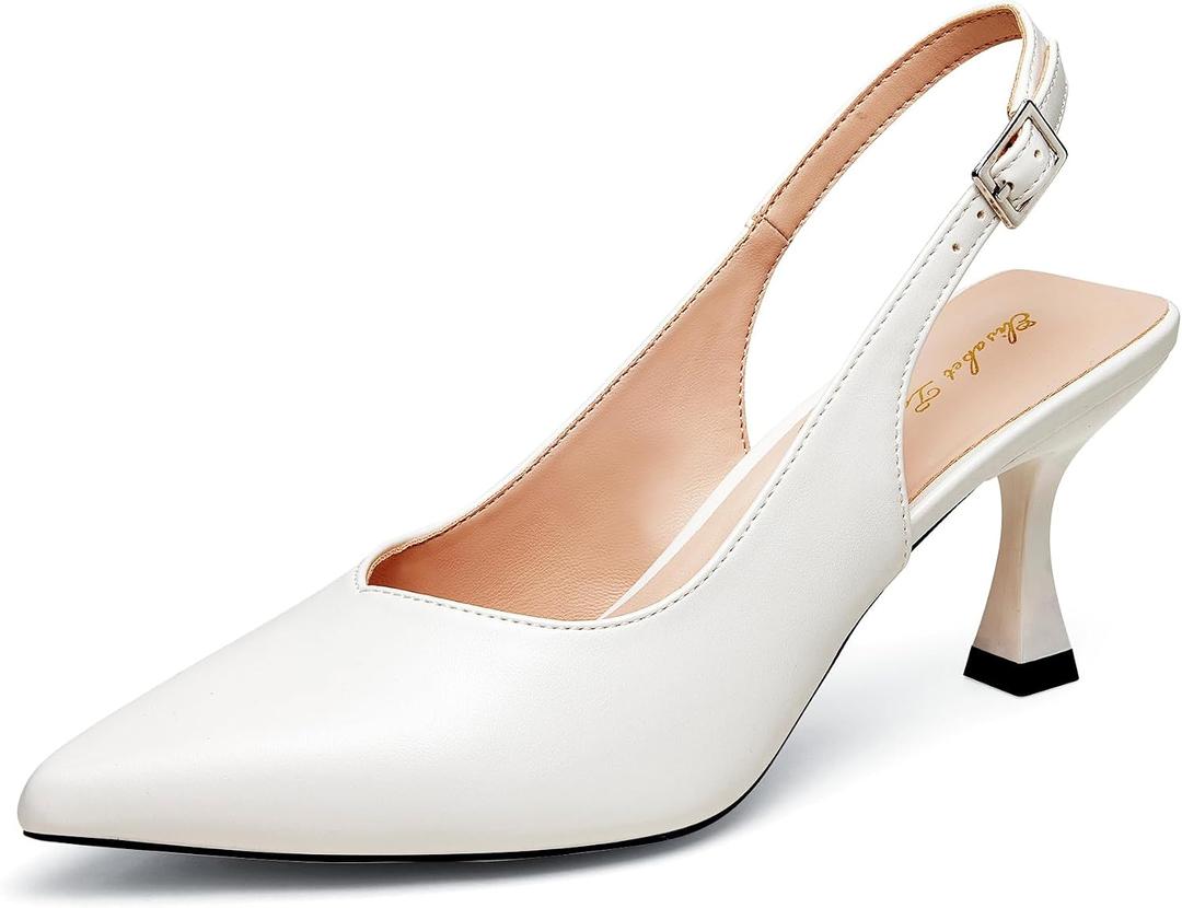 Elisabet Tang Women's Kitten Heel Slingback Low Pumps 3 Inches Stiletto Pointed Closed Toe Elegant Dressy Bridal Wedding Party Shoes White 9