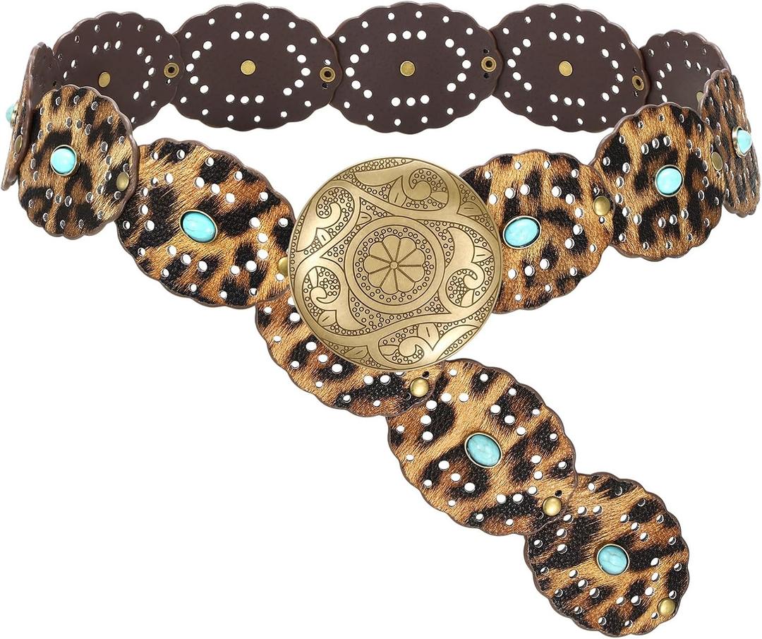 SUOSDEY Wide Western Disc Belt with Turquoise Women Cowgirl Cowboy Boho Country Leather Belts for Jeans Dress, Width 2.36"