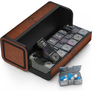 Pill Organizer 2 Times a Day, Am Pm Twice Daily Pill Case, Detachable Large Travel Pill Box 7 Day, Weekly Pill Container for Vitamin Medicine Supplement Fish Oil (Brown)